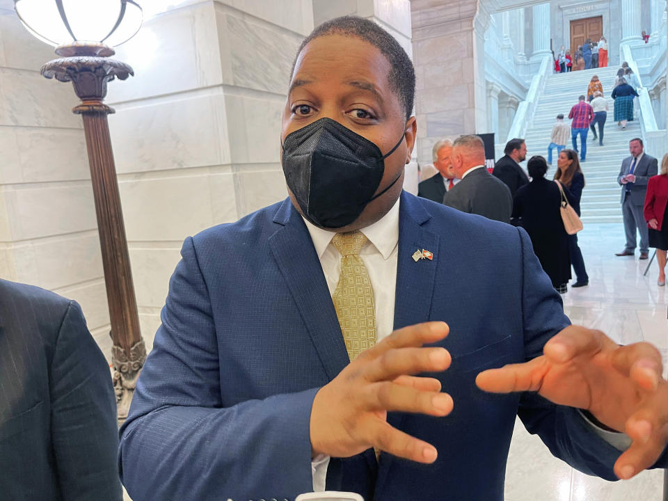 FILE - Arkansas Democratic gubernatorial candidate Chris Jones talks to reporters at the Arkansas state Capitol in Little Rock, Ark. on Tuesday, Feb. 22, 2022 after filing paperwork to run for governor. Jones is running in the May 24, 2022 Democratic Primary. (AP Photo/Andrew DeMillo File)