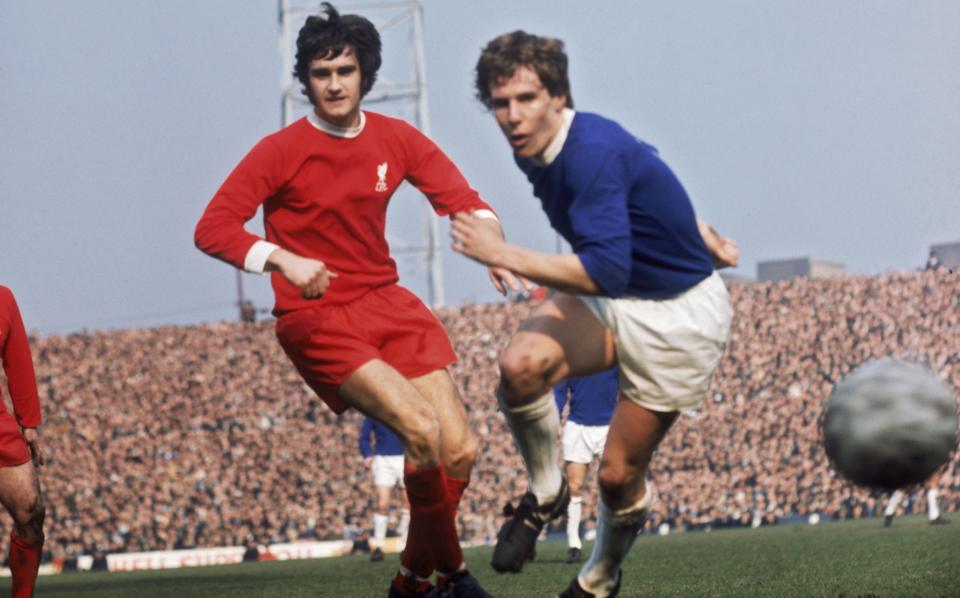 Lloyd and Everton's Joe Royle in action during the 1971 FA Cup semi-final at Old Trafford