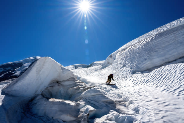 Between seracs, Sage finds a way to lower slopes and softer snow.<p>Photo: Jason Hummel</p>