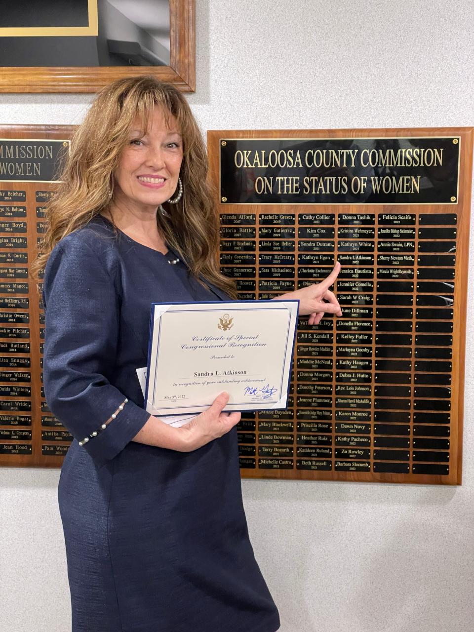 A photo of Sandra Atkinson, who was honored by the Okaloosa County Commission on the Status of Women in 2022. She was also appointed to a statewide regulatory board, though her term there ended that same year.