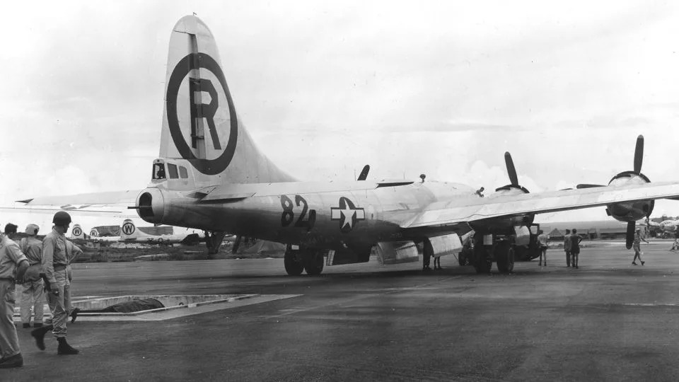 The B-29 Superfortress Enola Gay as it moved over the bomb pit on the North Field of Tinian air base, North Marianas Islands, early August, 1945. The plane was loaded with an atomic bomb, codenamed Little Boy, which it then dropped on the Japanese city of Hiroshima on August 6. - PhotoQuest/Getty Images