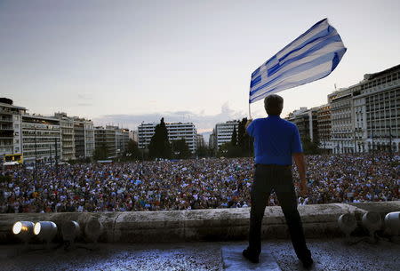 A protester waves a Greek flag at the entrance of the Greek parliament, during a rally calling on the government to clinch a deal with its international creditors and secure Greece's future in the Eurozone, in Athens June 18, 2015. REUTERS/Yannis Behrakis