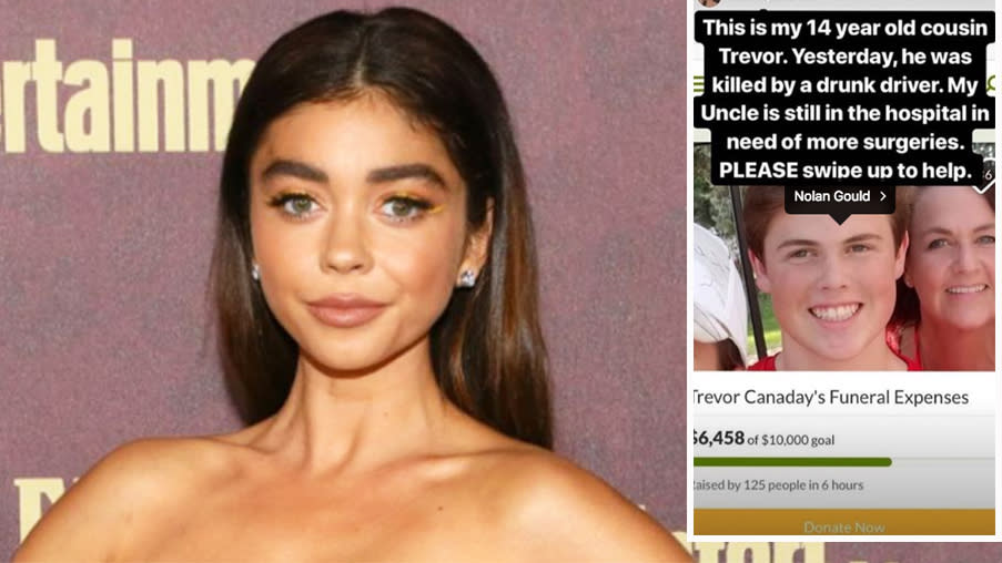 Sarah Hyland says she’s “st<span>aying offline for a while” after posting about her cousin’s death on Instagram. (Photos: Getty Images, GoFundMe)</span>