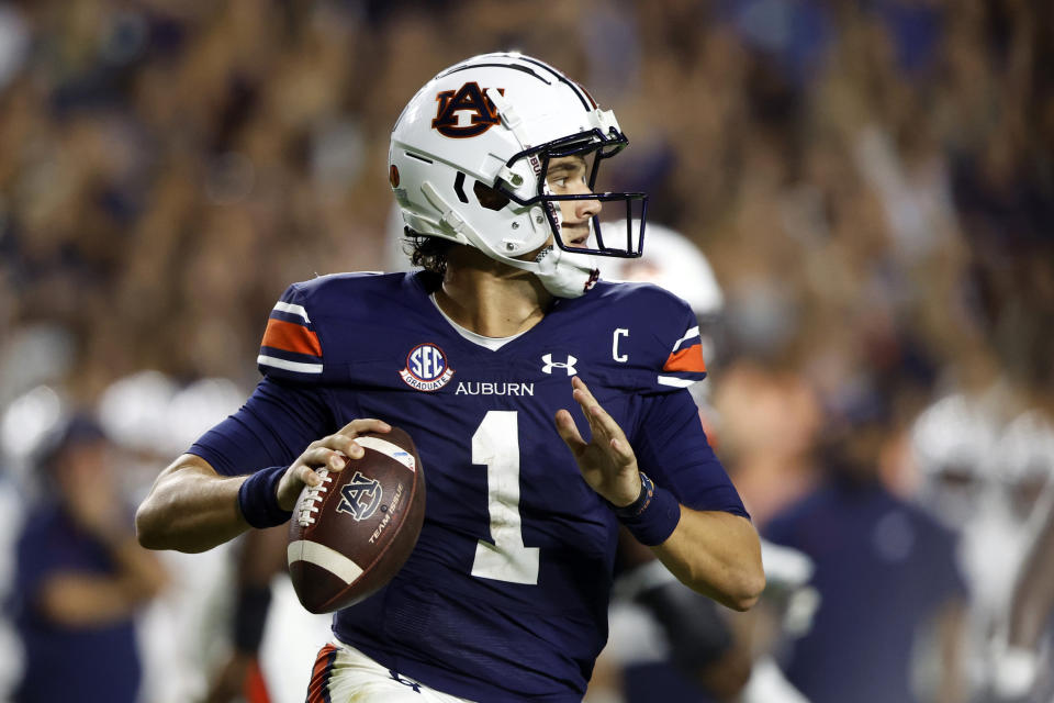 Auburn quarterback Payton Thorne looks to throw a pass during the second half of an NCAA college football game against Samford, Saturday, Sept. 16, 2023, in Auburn, Ala. (AP Photo/Butch Dill)