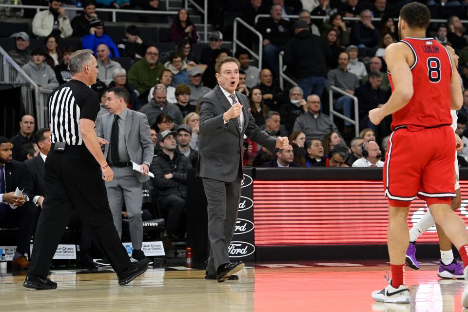 St. John's Red Storm head coach Rick Pitino works from the sideline during the first half against the Providence Friars at Amica Mutual Pavilion on Tuesday.