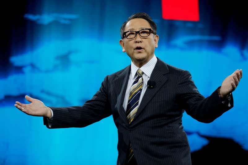 FILE PHOTO: Akio Toyoda, president of Toyota Motor Corporation, speaks at a news conference, where he announced Toyota's plans to build a prototype city of the future on a 175-acre site at the base of Mt. Fuji in Japan, during the 2020 CES in Las Vegas