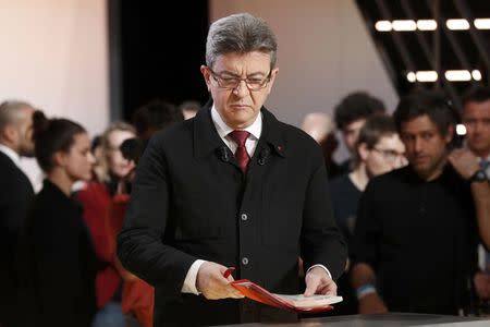 Candidate for the 2017 presidential election Jean-Luc Melenchon of the French far left Parti de Gauche arrives for a debate organised by French private TV channel TF1 in Aubervilliers, outside Paris, France, March 20, 2017. REUTERS/Patrick Kovarik/Pool