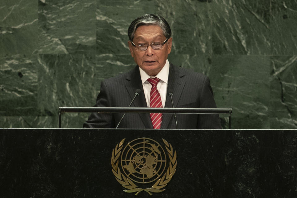 Myanmar's Minister of the Office of the State Counsellor Kyaw Tint Swe addresses the 74th session of the United Nations General Assembly at the U.N. headquarters Saturday, Sept. 28, 2019. (AP Photo/Jeenah Moon)