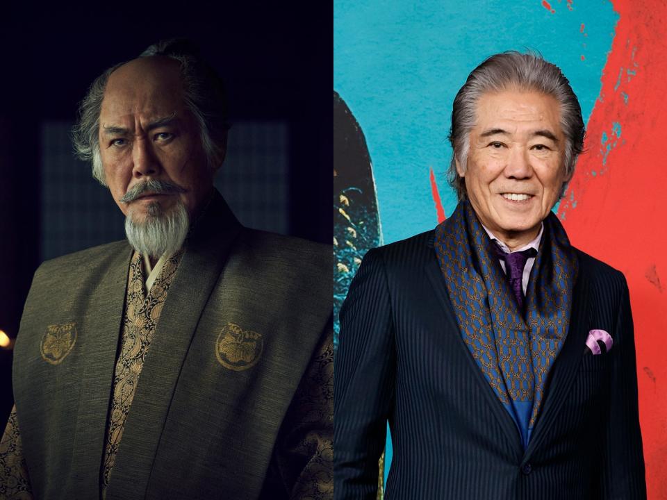 left: toda hiromatsu, a sterm looking man with a shaved top of his head and top knot, with a short beard and mustache and green robes; right: tokuma nishioka in a pinstripe suit, blue scarf, and purple tie, smiling