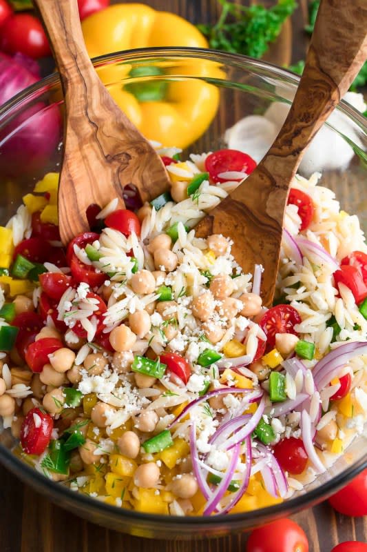 <p>Peas and Crayons</p><p>Eating the rainbow just got easier.</p><p><strong>Get the recipe: </strong><a href="https://peasandcrayons.com/2021/04/summer-orzo-salad.html?fbclid=IwAR3kBAe8GOMZe4AYv_Vyu1GQqeH9jGZbfwUXrC9hE2A8Pr_-yud91zYb6Qs" rel="nofollow noopener" target="_blank" data-ylk="slk:Summer Orzo Salad with Chickpeas and Feta;elm:context_link;itc:0;sec:content-canvas" class="link "><strong>Summer Orzo Salad with Chickpeas and Feta</strong></a></p>