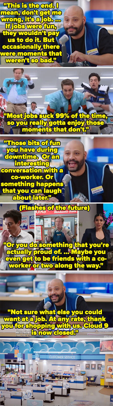 <div><p>"[The] <i>Superstore</i> ending was a 10/10. One of the only shows to make me cry."</p><p>—<a href="https://go.redirectingat.com?id=74679X1524629&sref=https%3A%2F%2Fwww.buzzfeed.com%2Fhannahmarder%2Fbest-tv-series-finales&url=https%3A%2F%2Fwww.reddit.com%2Fr%2FAskReddit%2Fcomments%2Fwcysa6%2Fcomment%2Fiigardv%2F%3Futm_source%3Dreddit%26utm_medium%3Dweb2x%26context%3D3&xcust=6280602%7CBF-VERIZON&xs=1" rel="nofollow noopener" target="_blank" data-ylk="slk:u/Recent_View6254;elm:context_link;itc:0;sec:content-canvas" class="link ">u/Recent_View6254</a></p><p>Agree 100%! Literally the only show out of all the ones I’ve seen to have such a perfect ending.</p><p>—<a href="https://go.redirectingat.com?id=74679X1524629&sref=https%3A%2F%2Fwww.buzzfeed.com%2Fhannahmarder%2Fbest-tv-series-finales&url=https%3A%2F%2Fwww.reddit.com%2Fr%2FAskReddit%2Fcomments%2Fwcysa6%2Fcomment%2Fiignxrh%2F%3Futm_source%3Dreddit%26utm_medium%3Dweb2x%26context%3D3&xcust=6280602%7CBF-VERIZON&xs=1" rel="nofollow noopener" target="_blank" data-ylk="slk:u/witxxxh;elm:context_link;itc:0;sec:content-canvas" class="link ">u/witxxxh</a></p></div><span> NBC</span>