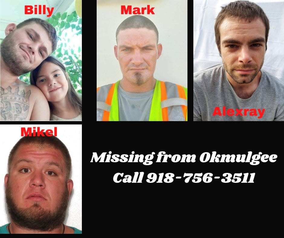 Authorities were searching for four missing men in Okmulgee, Oklahoma. Billy Chastain, top left, Mark Chastain, Alex Stevens, and Mike Sparks, bottom left, have been missing since Sunday, Oct. 10.