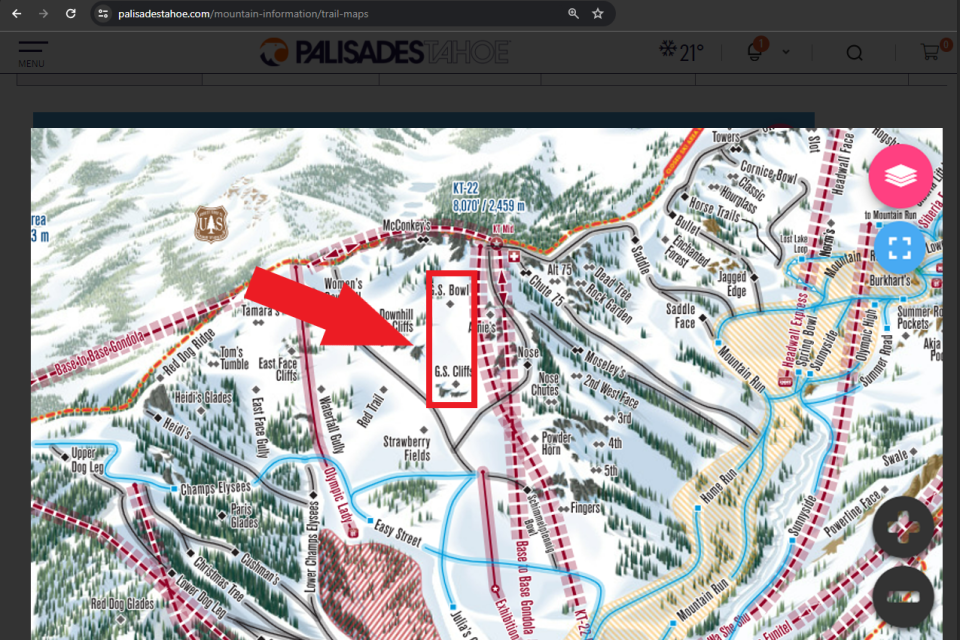 The area where the avalanche occurred, according to Palisades Tahoe.  / Credit: palidadestahoe.com