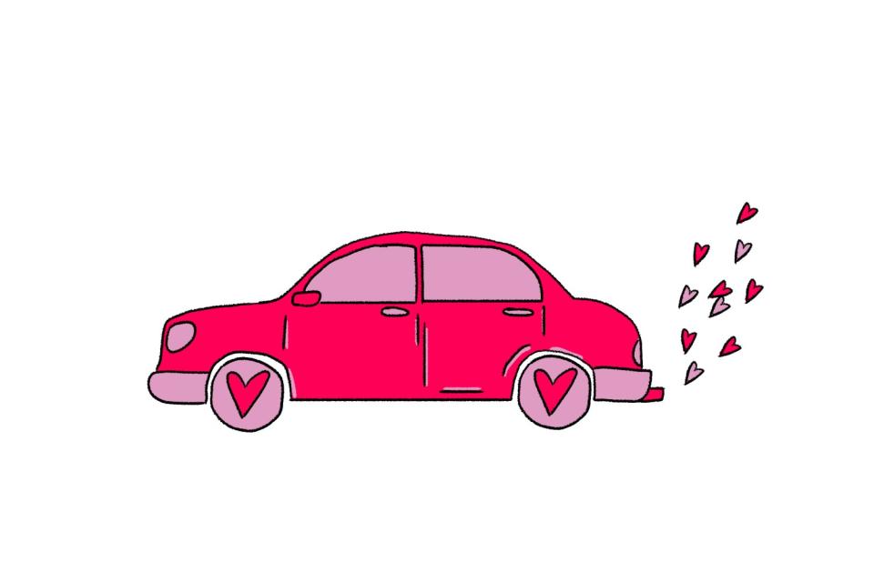 Illustration of a car emitting hearts from its tailpipe