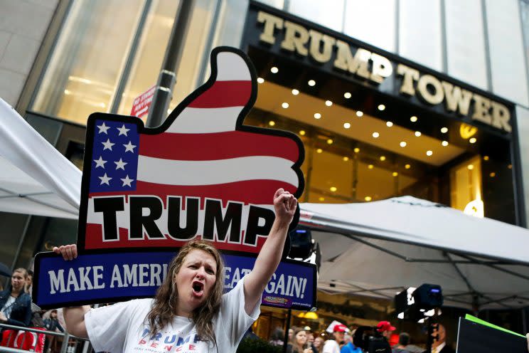 Donald Trump supporters rally outside Trump Tower, Oct. 8, 2016. (Photo: Eduardo Munoz/Reuters)