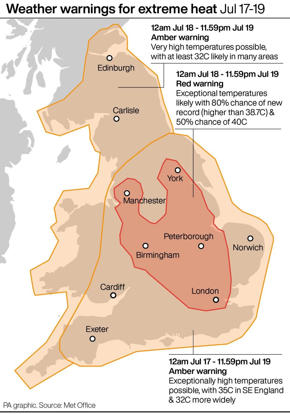 Red warning in place for parts of England (PA Graphics)