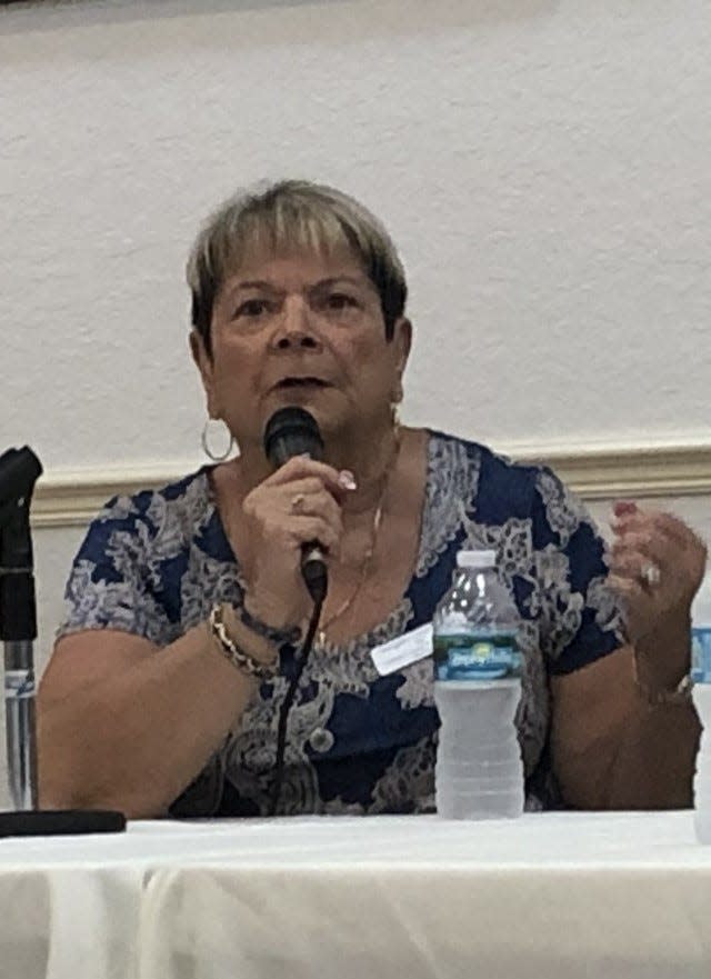 Georgann Carnicella speaks at a Daytona Regional Chamber of Commerce forum for Volusia County School Board candidates on Wednesday, June 22, 2022.