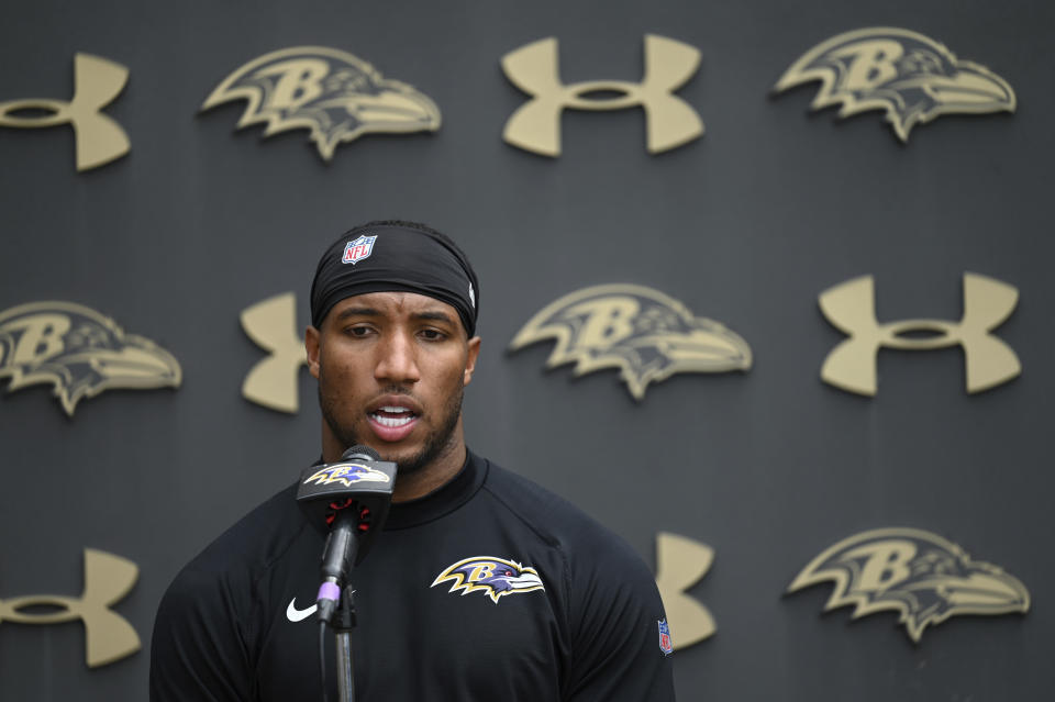 Baltimore Ravens cornerback Marlon Humphrey answers question after an NFL football practice Wednesday, May 25, 2022, in Owings Mills, Md. (AP Photo/Gail Burton)