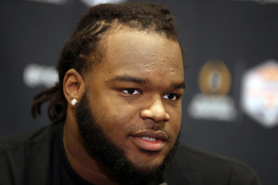 Michigan defensive lineman Mazi Smith talks with reporters about the Fiesta Bowl against TCU on Wednesday, Dec. 28, 2022, in Scottsdale, Arizona.