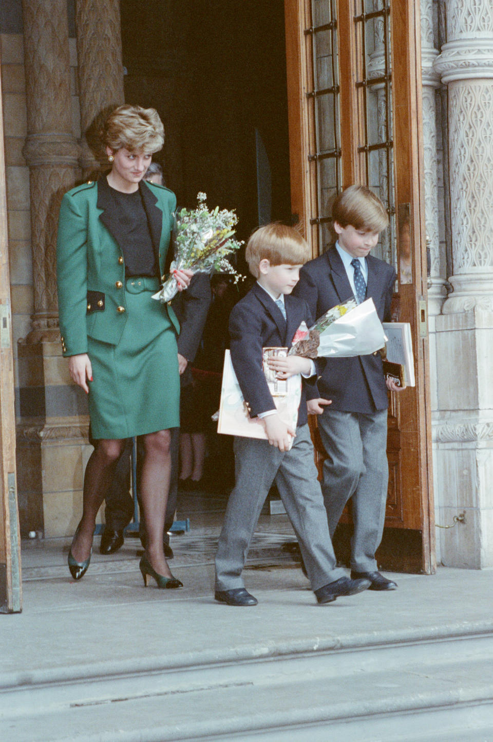Princess Diana, Princess of Wales, takes her sons Prince William and Prince Harry to The National History Museum in London to the see Dinosaur Exhibition. Picture taken 13th April 1992. (Photo by Kent Gavin/Mirrorpix/Getty Images)