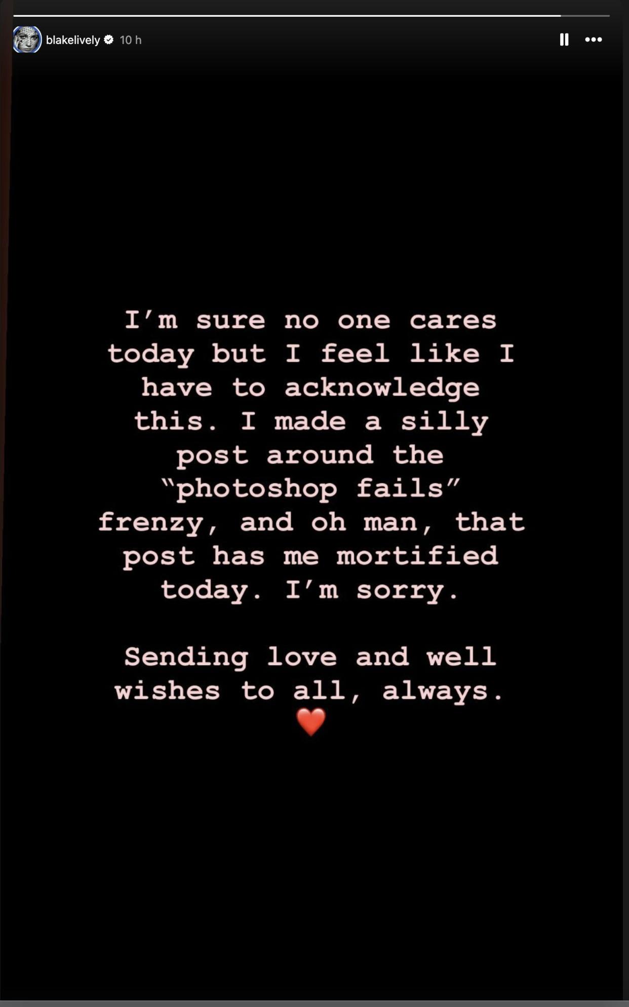 Blake Lively apologises on Instagram about photoshop jibe