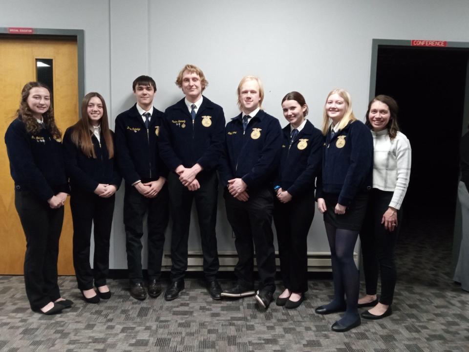 Seven members of the Honesdale High School Class of 2024 are in the Agricultural Program and are FFA members. They were recognized Feb. 13, 2024, by the school board. From left are seniors Gillian Goldstein, Courtney Crum, Drew Rutledge, Carter Kennedy, Caleb Bryant, Aurora Dutton and Roz Maciejewski, and Ag Program teacher Kayla Pohle.