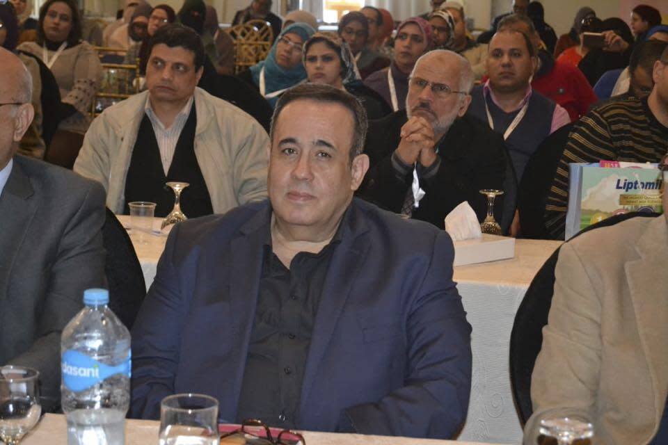 This March 2020 photo provided by Dr. Ossama Arafa shows Dr. Ahmed el-Lawah attending the Port Said Pediatrics Conference in Egypt's Mediterranean city of Port Said. El-Lawah died on Monday, March 30, 2020, after he was infected by the new coronavirus. He was the first doctor to die from COVID-19, the disease caused by the virus in Egypt. (Dr. Ossama Arafa via AP)