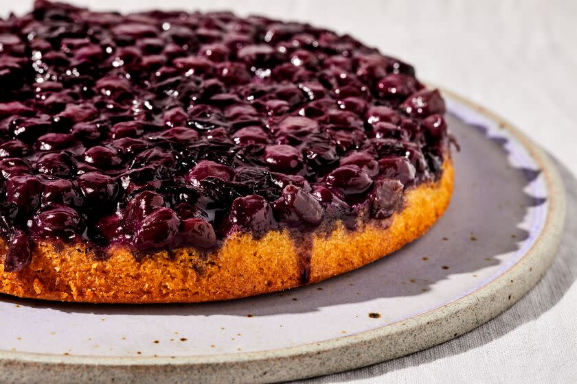 LOS ANGELES, CA - SEPTEMBER 8, 2022: Grape-corn cake, prepared by cooking columnist Ben Mims on September 8, 2022 in the LA Times test kitchen. (Katrina Frederick / For The Times)