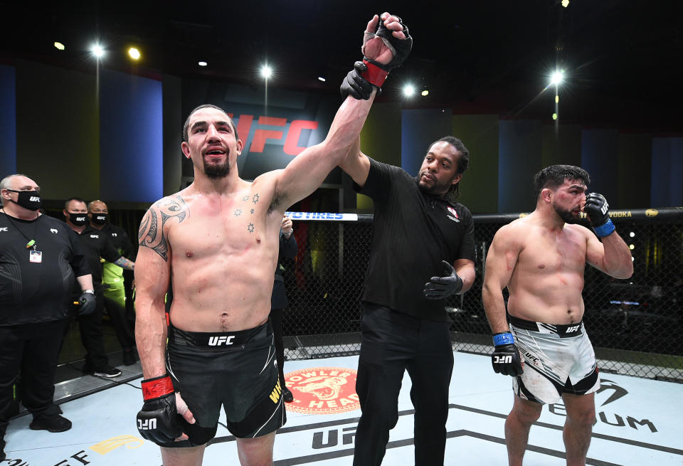 LAS VEGAS, NEVADA - APRIL 17: Robert Whittaker of Australia reacts after his victory over Kelvin Gastelum in a middleweight fight during the UFC Fight Night event at UFC APEX on April 17, 2021 in Las Vegas, Nevada. (Photo by Chris Unger/Zuffa LLC)