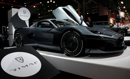 FILE PHOTO: A 2019 Rimac C2 Hyper car, valued at $2.1million, is seen on display at the New York Auto Show in the Manhattan borough of New York City, New York, U.S., March 29, 2018. REUTERS/Shannon Stapleton/File Photo