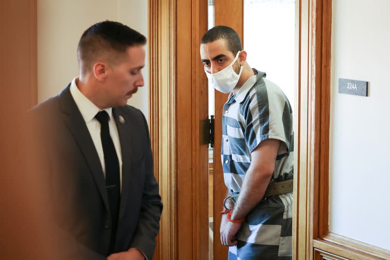 Hadi Matar appears in court on charges of attempted murder and assault on author Salman Rushdie, in Mayville, New York