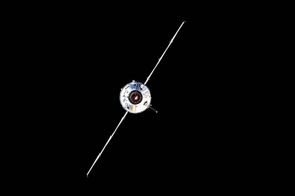 In this photo taken by Russian cosmonaut Oleg Novitsky and provided by Roscosmos Space Agency Press Service, the Nauka module is seen prior to docking with the International Space Station on Thursday, July 29, 2021. The newly arrived Russian science lab briefly knocked the International Space Station out of position Thursday when it accidentally fired its thrusters. For 47 minutes, the space station lost control of its orientation when the firing occurred a few hours after docking, pushing the orbiting complex from its normal configuration. The station's position is key for getting power from solar panels and or communications. Communications with ground controllers also blipped out twice for a few minutes. (Roscosmos Space Agency Press Service photo via AP)