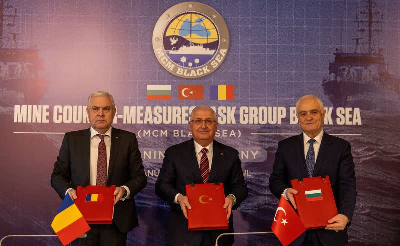 Turkish Defence Minister Yasar Guler, his Romanian counterpart Angel Tilvar and Bulgaria's Deputy Defence Minister Atanas Zapryanov attend a signing ceremony in Istanbul