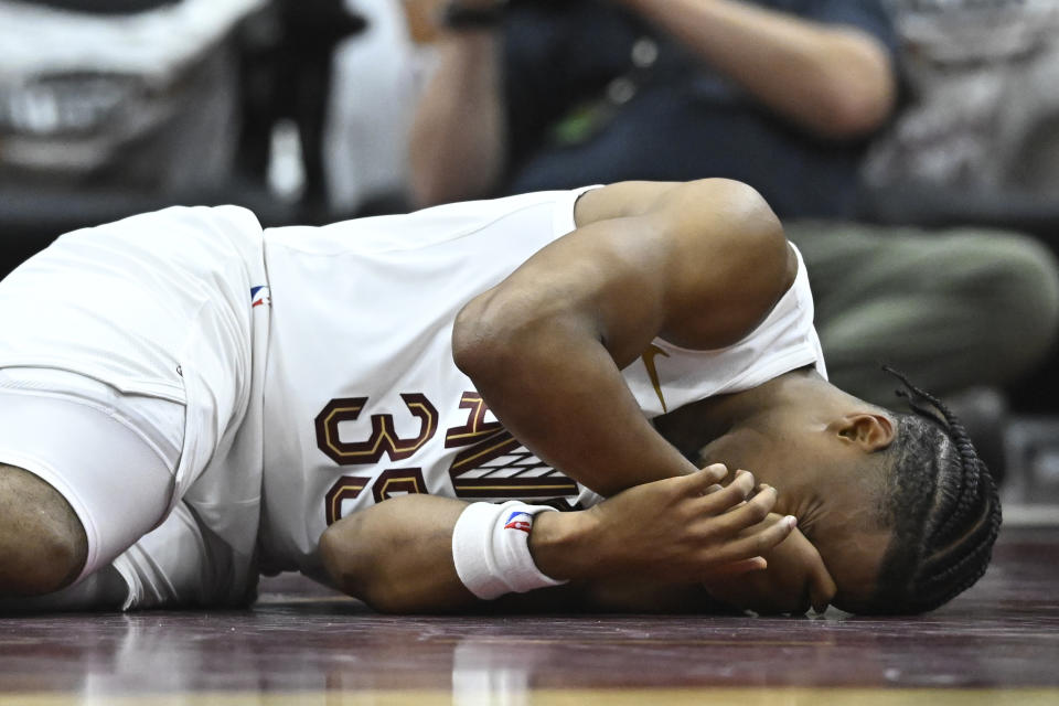 Oct 27, 2023; Cleveland, Ohio, USA; Cleveland Cavaliers forward Isaac Okoro (35) reacts after he was hit in the head in the third quarter against the Oklahoma City Thunder at Rocket Mortgage FieldHouse. Mandatory Credit: David Richard-USA TODAY Sports