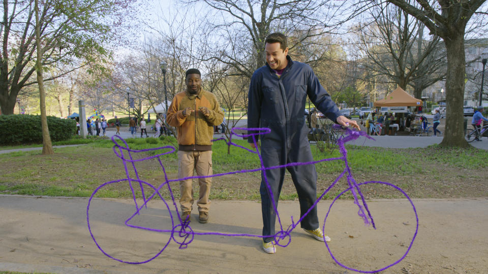 This image released by Sony Pictures shows Zachary Levi, right, and Lil Rel Howery in a scene from "Harold and the Purple Crayon." (Sony Pictures via AP)