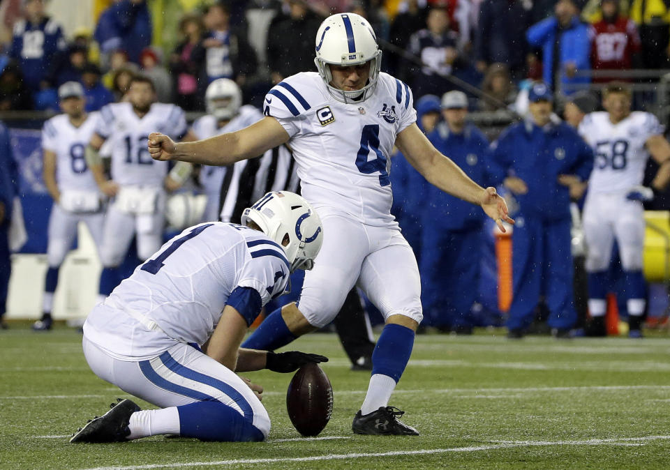 FILE - In this Jan. 11, 2014 file photo, Indianapolis Colts' Adam Vinatieri (4) kicks a field goal as punter Pat McAfee (1) holds the ball during the second half of an AFC divisional NFL playoff football game against the New England Patriots in Foxborough, Mass. The Colts re-signed Vinatieri on Tuesday, March 11, 2014, hours before he was to become an unrestricted free agent. Vinatieri is widely considered the best clutch kicker in league history. (AP Photo/Matt Slocum, File)