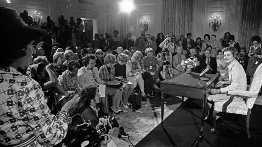 Betty Ford hosts her first press conference as First Lady on Sept. 4, 1974. (Courtesy Gerald R. Ford Presidential Library & Museum)