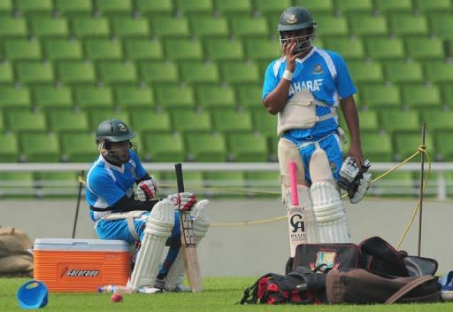 Bangladeshi cricket captain Mushfiqur Rahim (L) and teammate Tamim Iqbal during a team training session in Dhaka on November 9. "Our situation isn't good, we play Tests after long gaps. We should have this mentality of adapting ourselves from one format to the other," said Iqbal