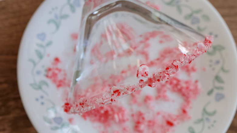 dipping glass in crushed candy