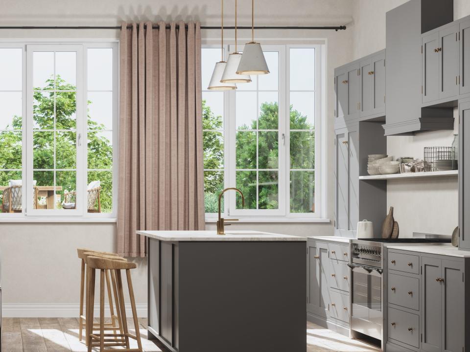 Mauve drapes in kitchen