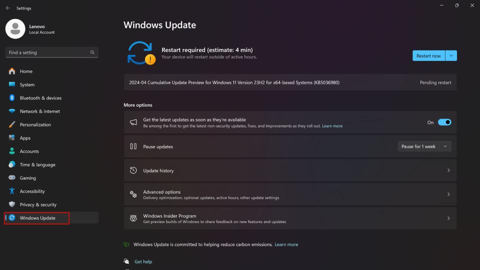 selecting windows update in settings app