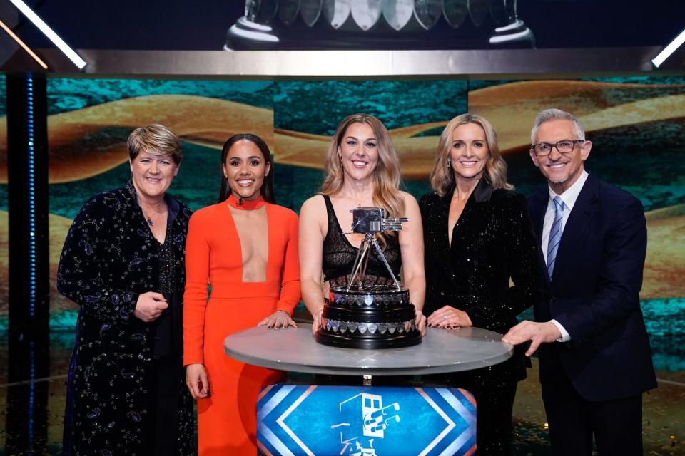 lare balding, alex scott, mary earps, gabby logan, and gary lineker on stage at the bbc sports personality of the year awards 2023