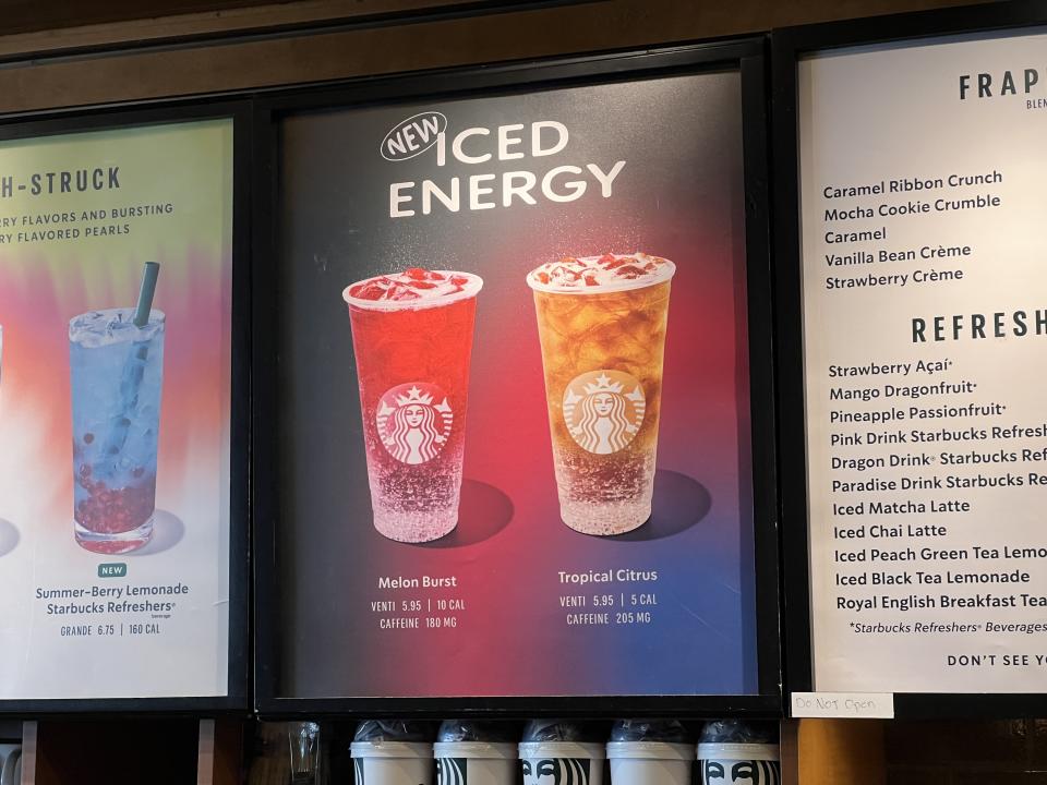 Menu display featuring Starbucks' new Iced Energy drinks, Melon Burst and Tropical Citrus, at a Starbucks store in San Francisco, California, June 28, 2024. (Photo by Smith Collection/Gado/Getty Images)