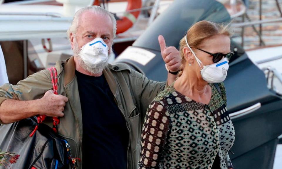 The Napoli president, Aurelio De Laurentiis, gives a thumbs-up on the day he tested positive for Covid-19