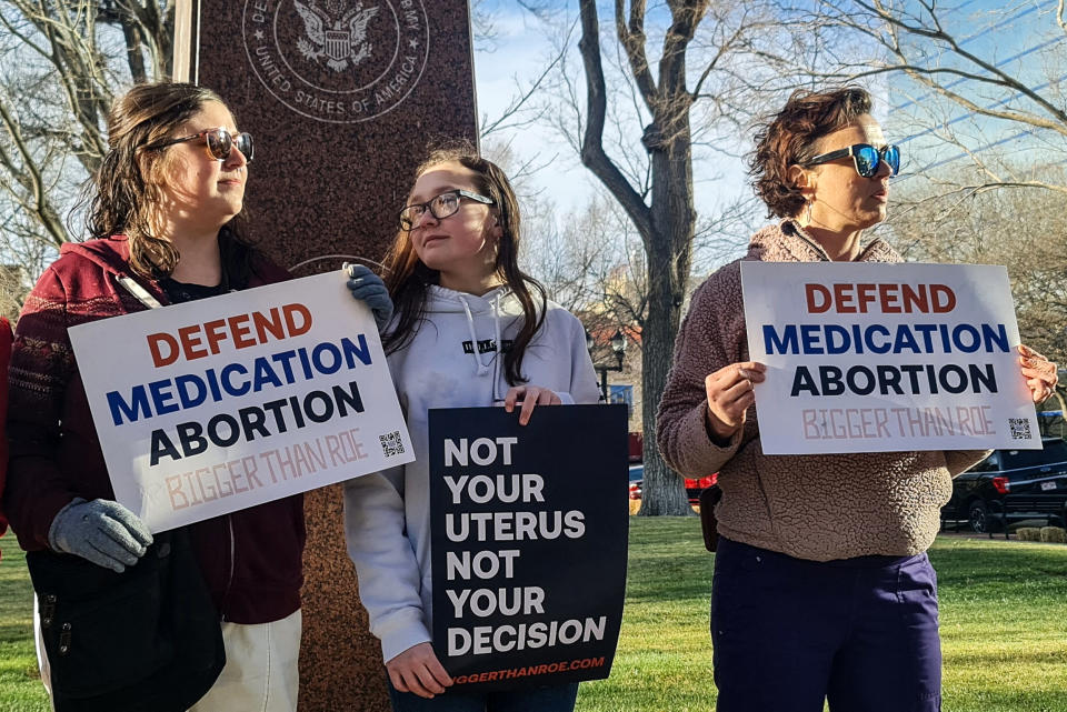 Image: Abortion rights advocates gather in front of the J Marvin Jones Federal Building and Courthouse in Amarillo, Texas, on March 15, 2023. (Moises Avila / AFP - Getty Images)