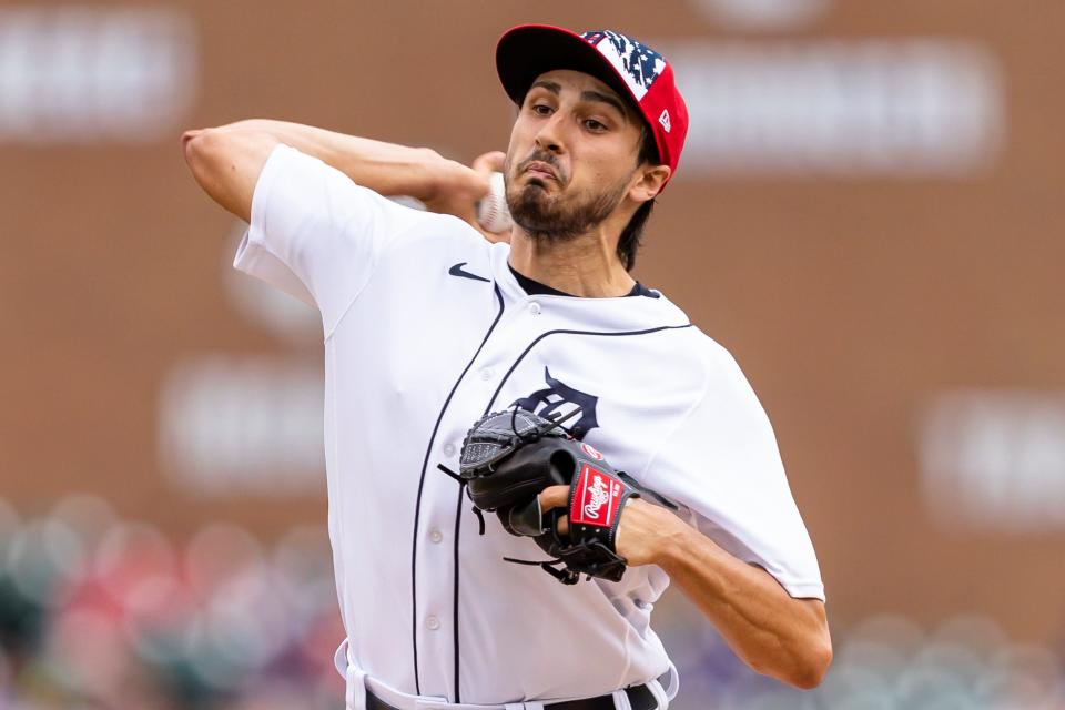 Tigers pitcher Alex Faedo pitches during the first inning of Game 2 of the doubleheader against the Guardians on  Monday, July 4, 2022, at Comerica Park.