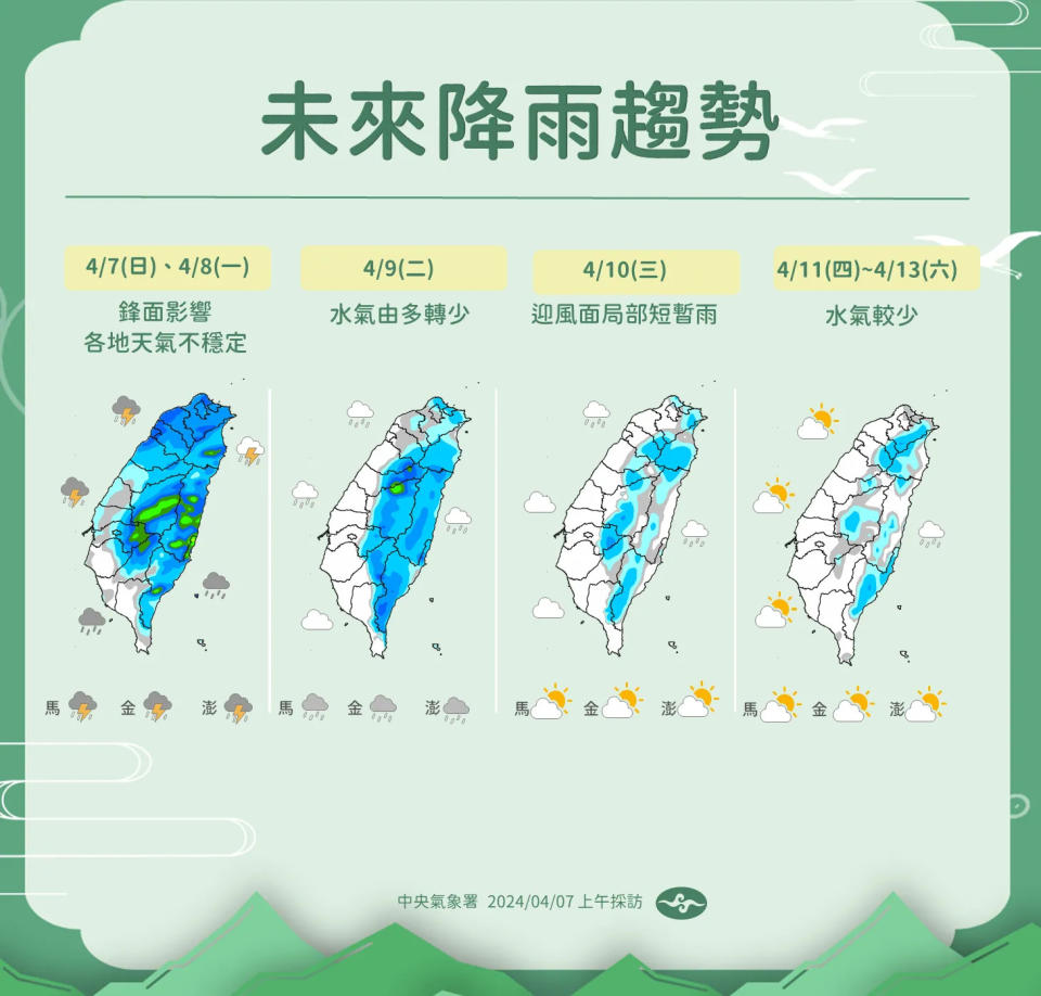 <strong>受鋒面影響，8日清明連假結束首日全台各地接雨。（圖／中央氣象署提供）</strong>