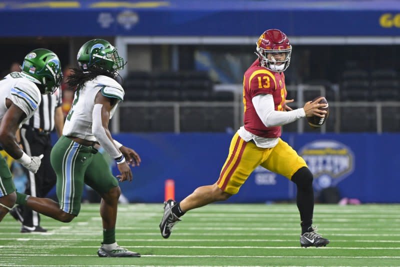 Quarterback Caleb Williams and the USC Trojans will face San Jose State at 8 p.m. EDT Saturday in Los Angeles. File Photo by Ian Halperin/UPI