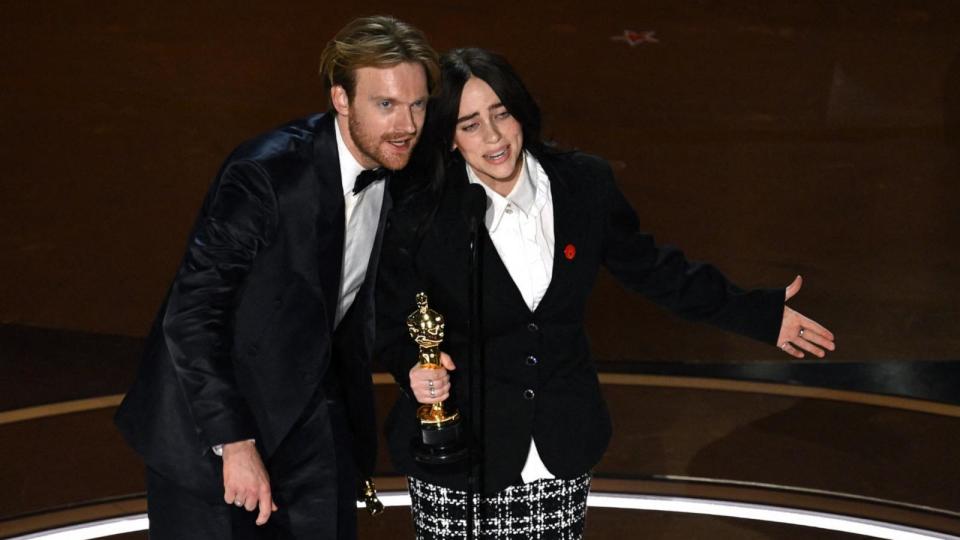 PHOTO: Billie Eilish and Finneas O'Connell accept the award for Best Original Song for 'What Was I Made For' from 'Barbie' onstage during the 96th Annual Academy Awards, in Hollywood, Mar. 10, 2024.  (Patrick T. Fallon/AFP via Getty Images)