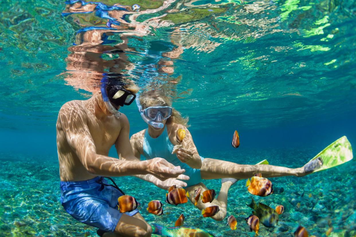 Happy family vacation. Young couple in snorkeling mask hold hand, dive underwater with fishes in coral reef sea pool. Travel lifestyle, watersport adventure, swim activity on summer beach holiday